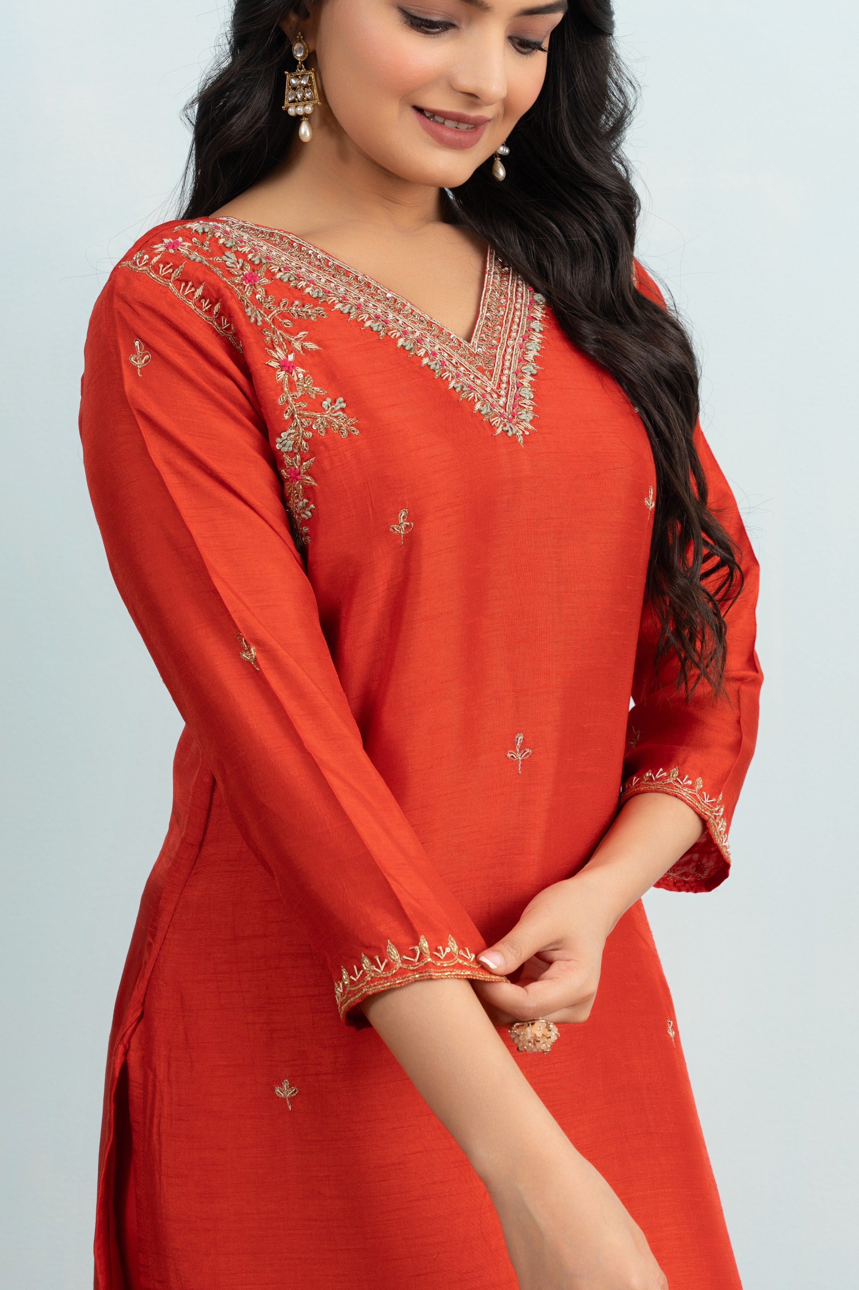 Varamya Orange Handwork Straight Suit