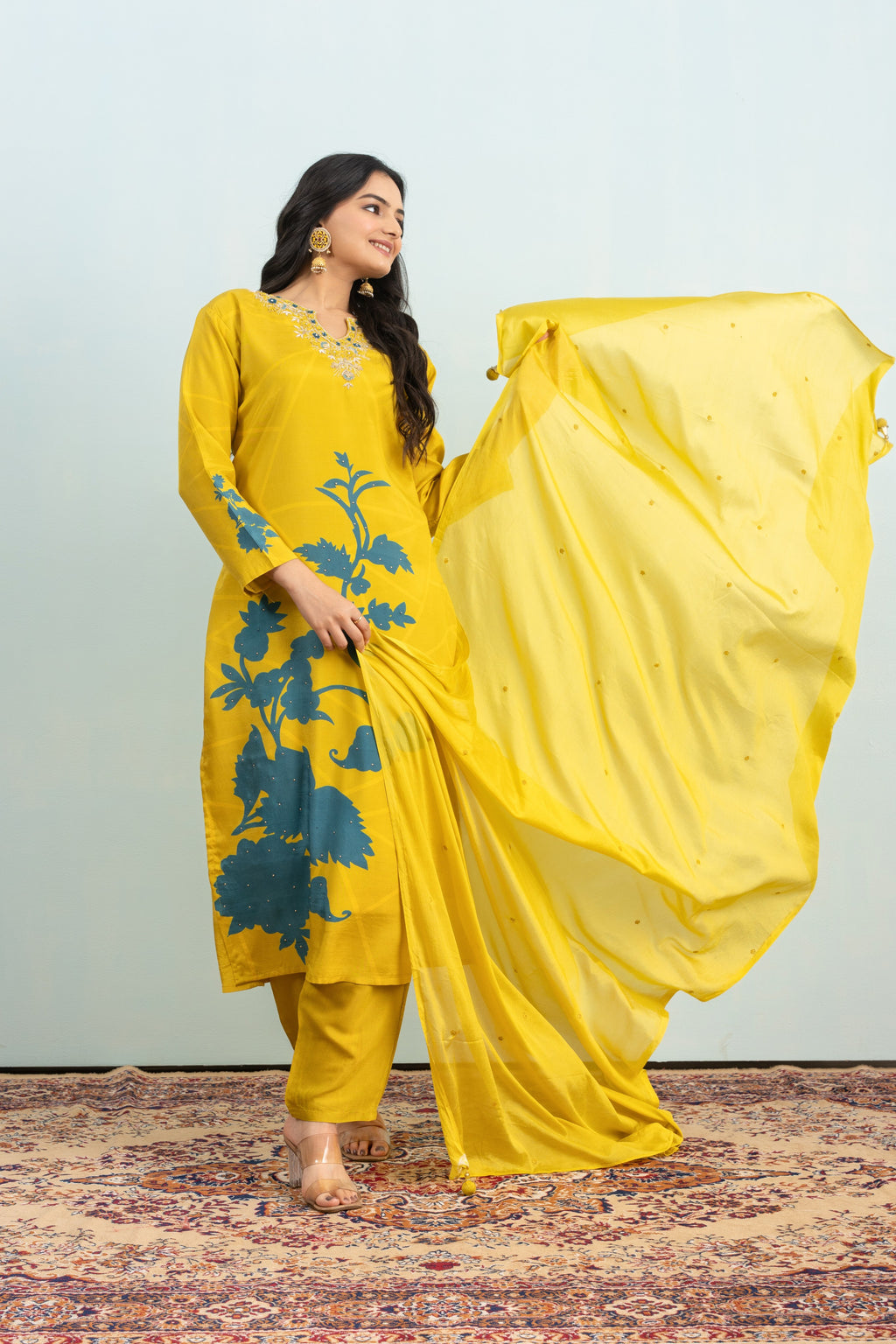 Varamya Lemon Yellow Straight Shimmer Handwork And Printed Suit