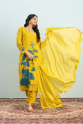 Varamya Lemon Yellow Straight Shimmer Handwork And Printed Suit