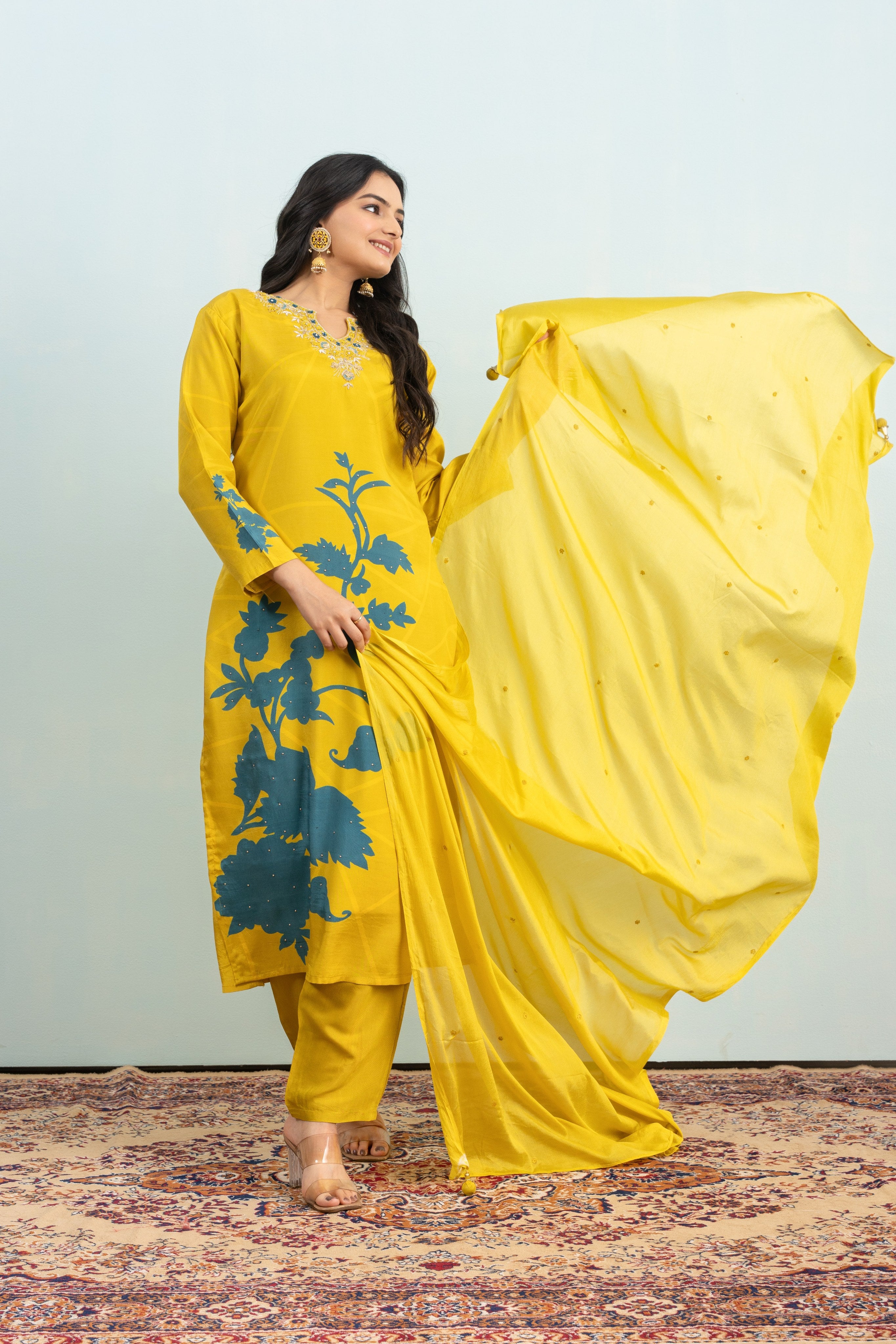 Varamya Lemon Yellow Straight Shimmer Handwork And Printed Suit
