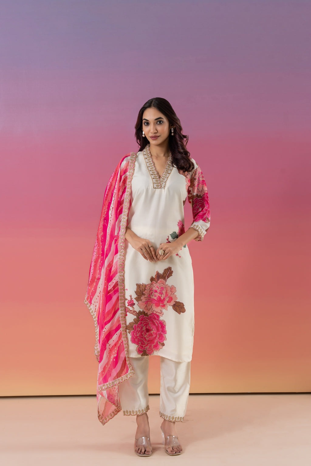 V-neck Floral Straight Suit Set