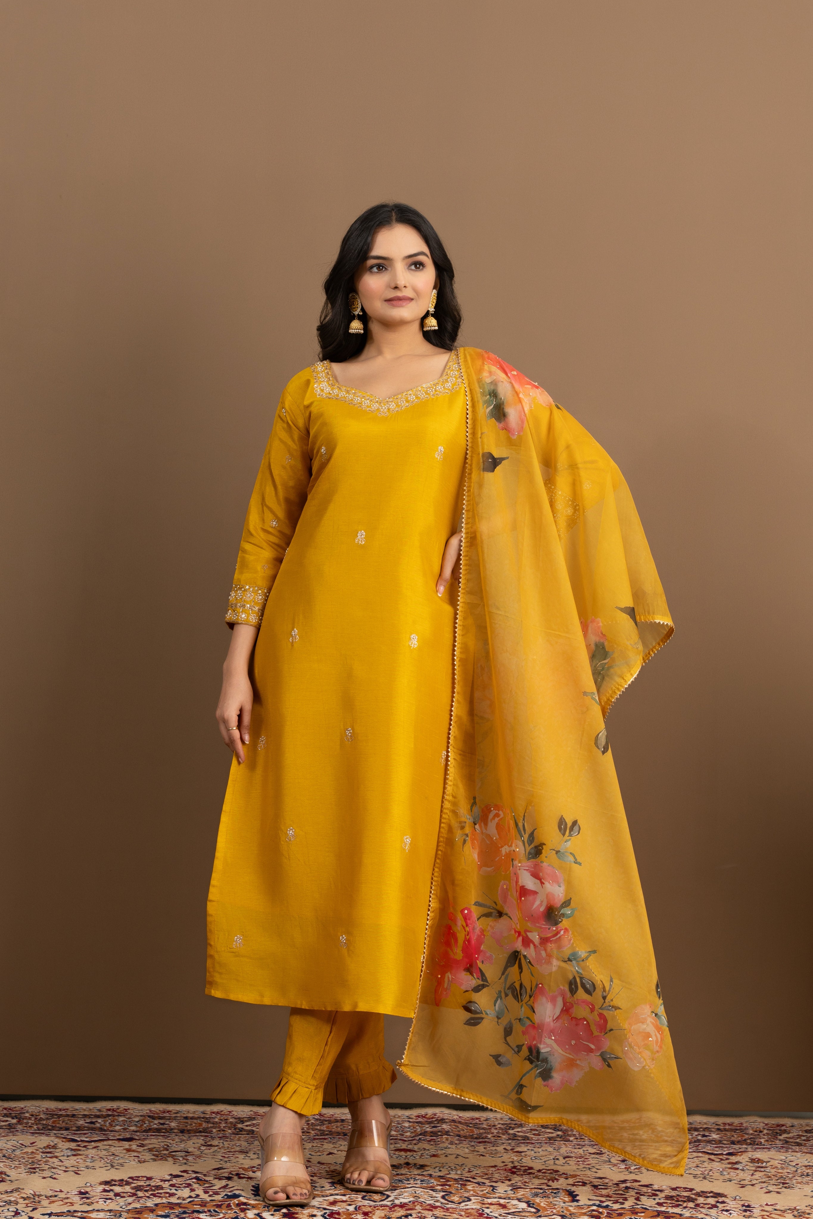 Varamya Mustard Sweart-heart Neck And Handwork Straight Suit