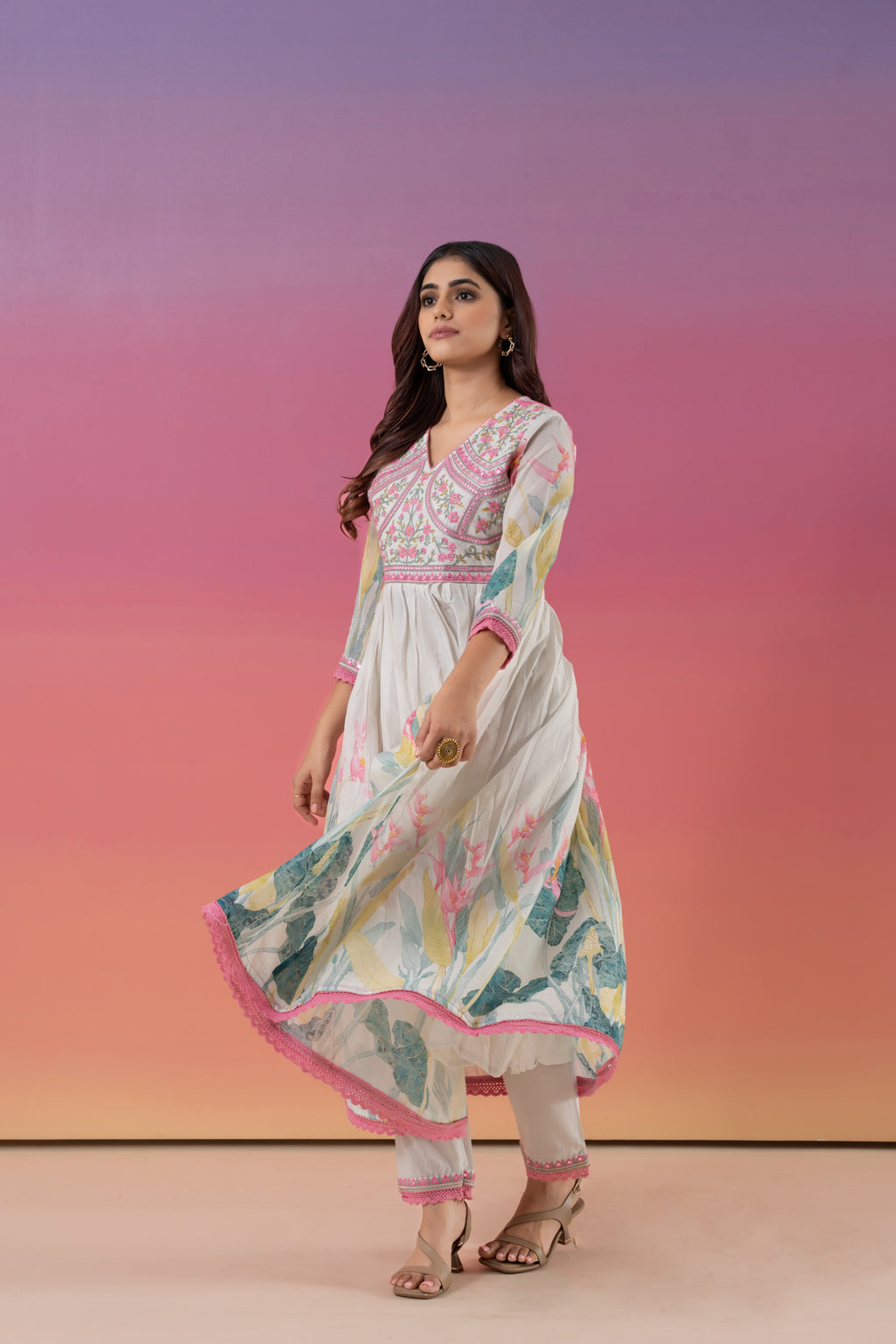 Floral Print With Embroidered And Gathered Anarkali Suit Set