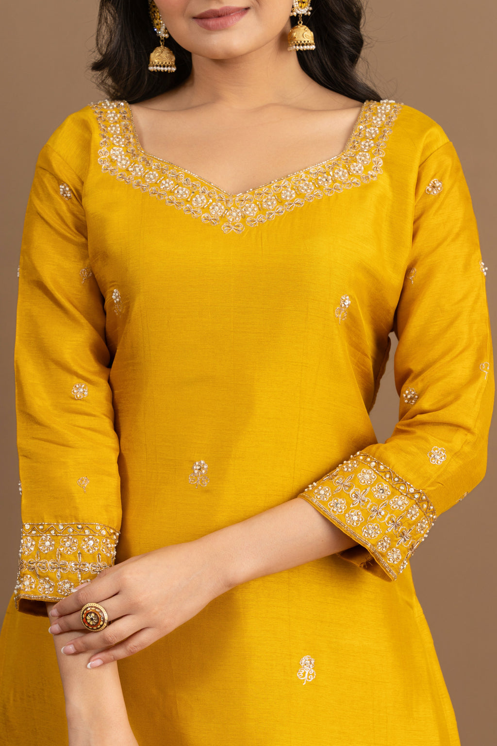 Varamya Mustard Sweart-heart Neck And Handwork Straight Suit