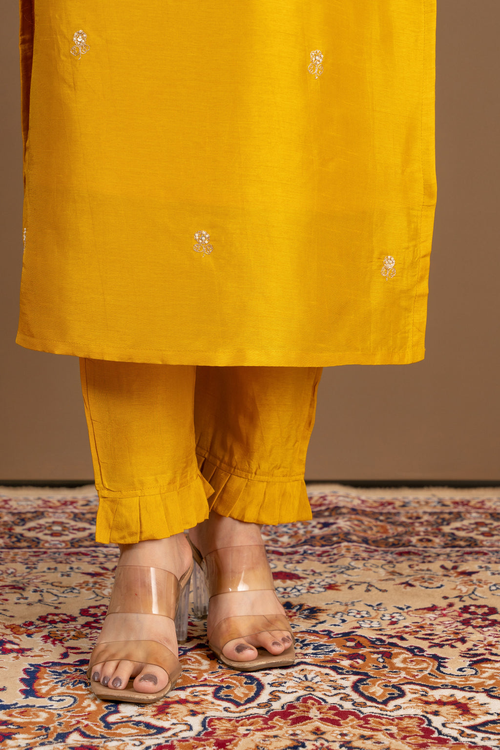 Varamya Mustard Sweart-heart Neck And Handwork Straight Suit