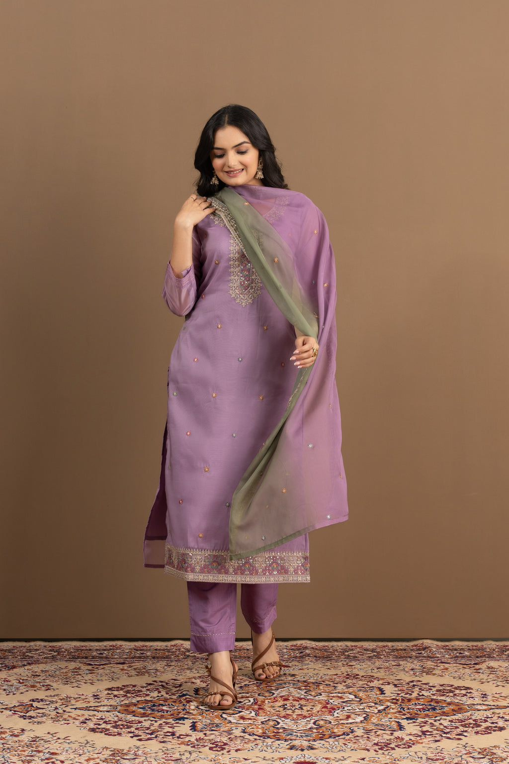 Varamya Lavender Organza Straight Suit