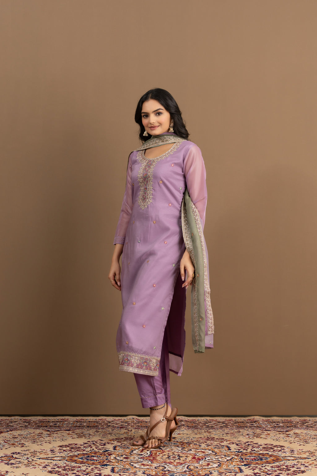 Varamya Lavender Organza Straight Suit
