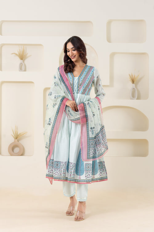 Blue Digital Printed, Embroidered And Gathered Anarkali Suit Set