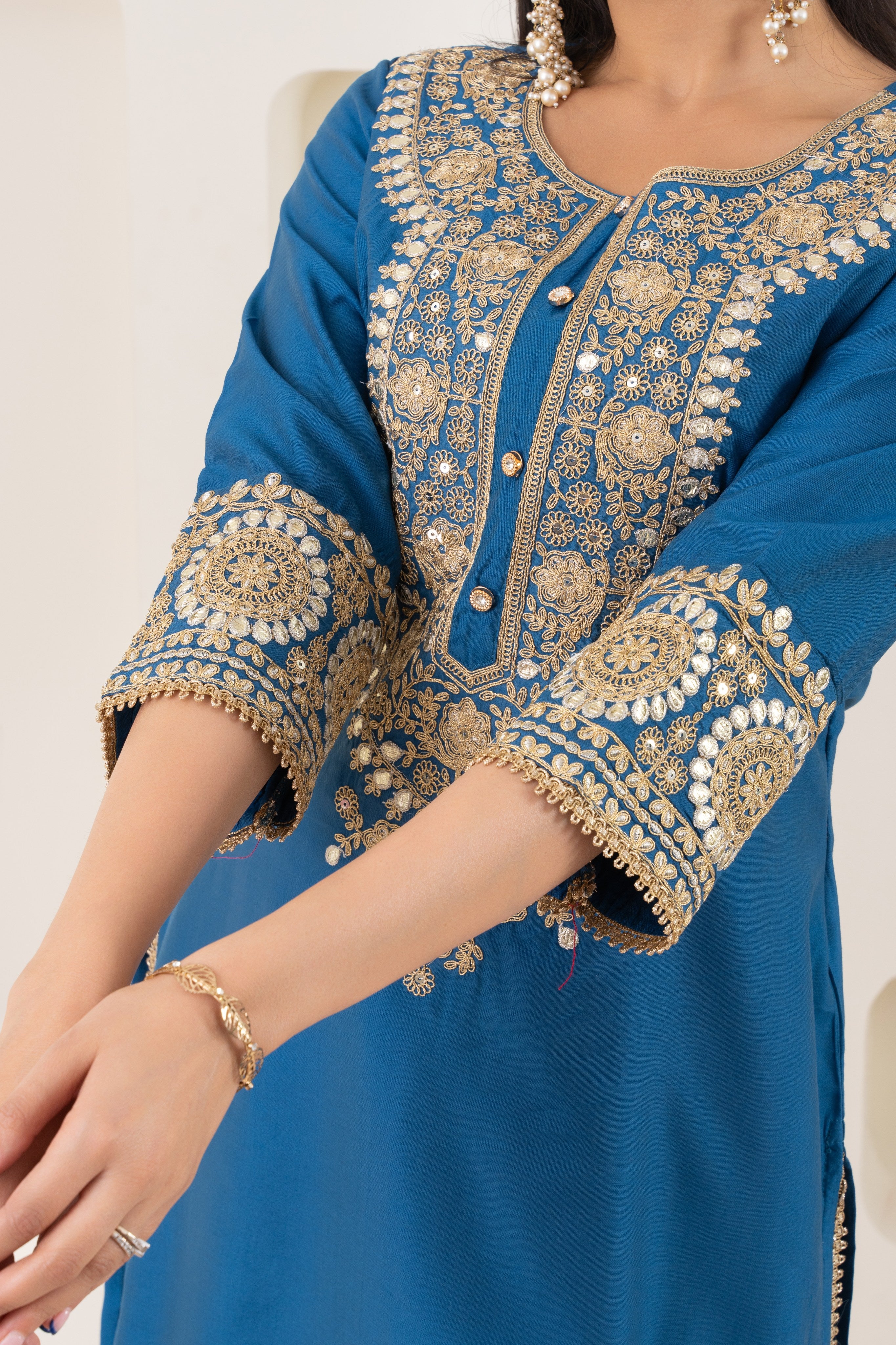 VARAMYA Blue Silk Straight Suit