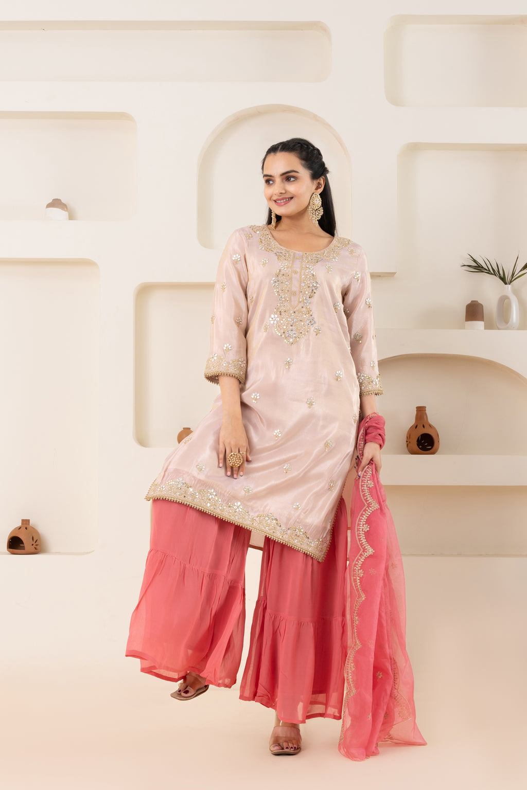 VARAMYA Peach Shimmer Sharara Set