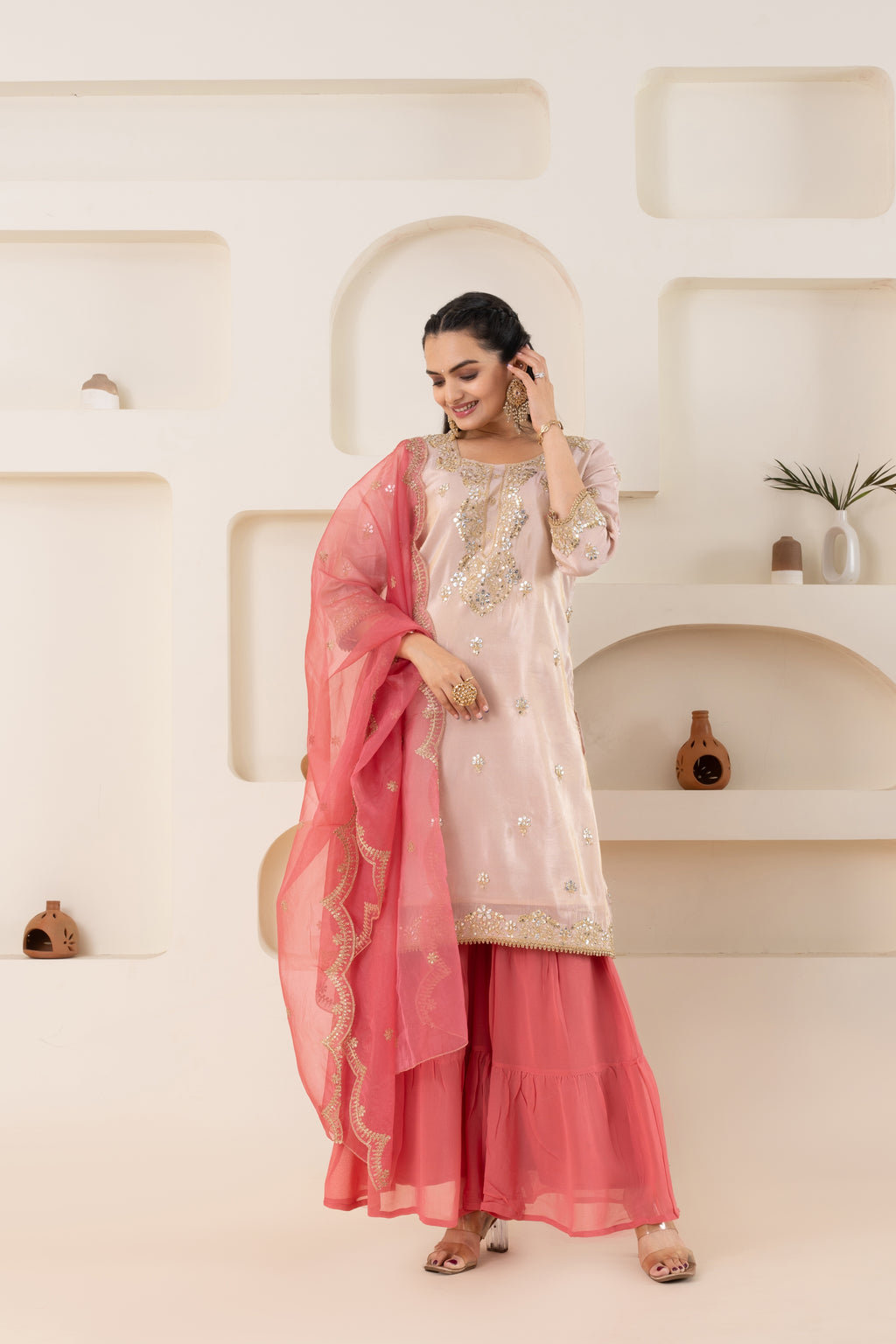 VARAMYA Peach Shimmer Sharara Set
