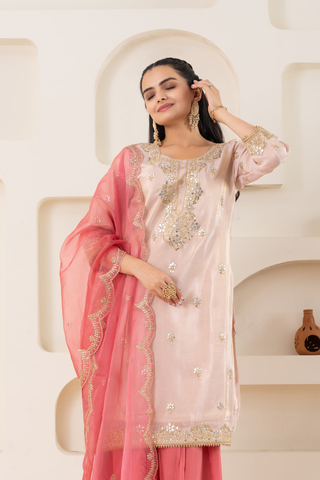 VARAMYA Peach Shimmer Sharara Set
