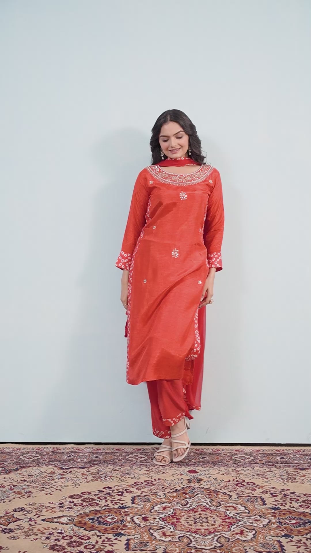 Varamya Round Neck Embroidery Orange Straight Suit