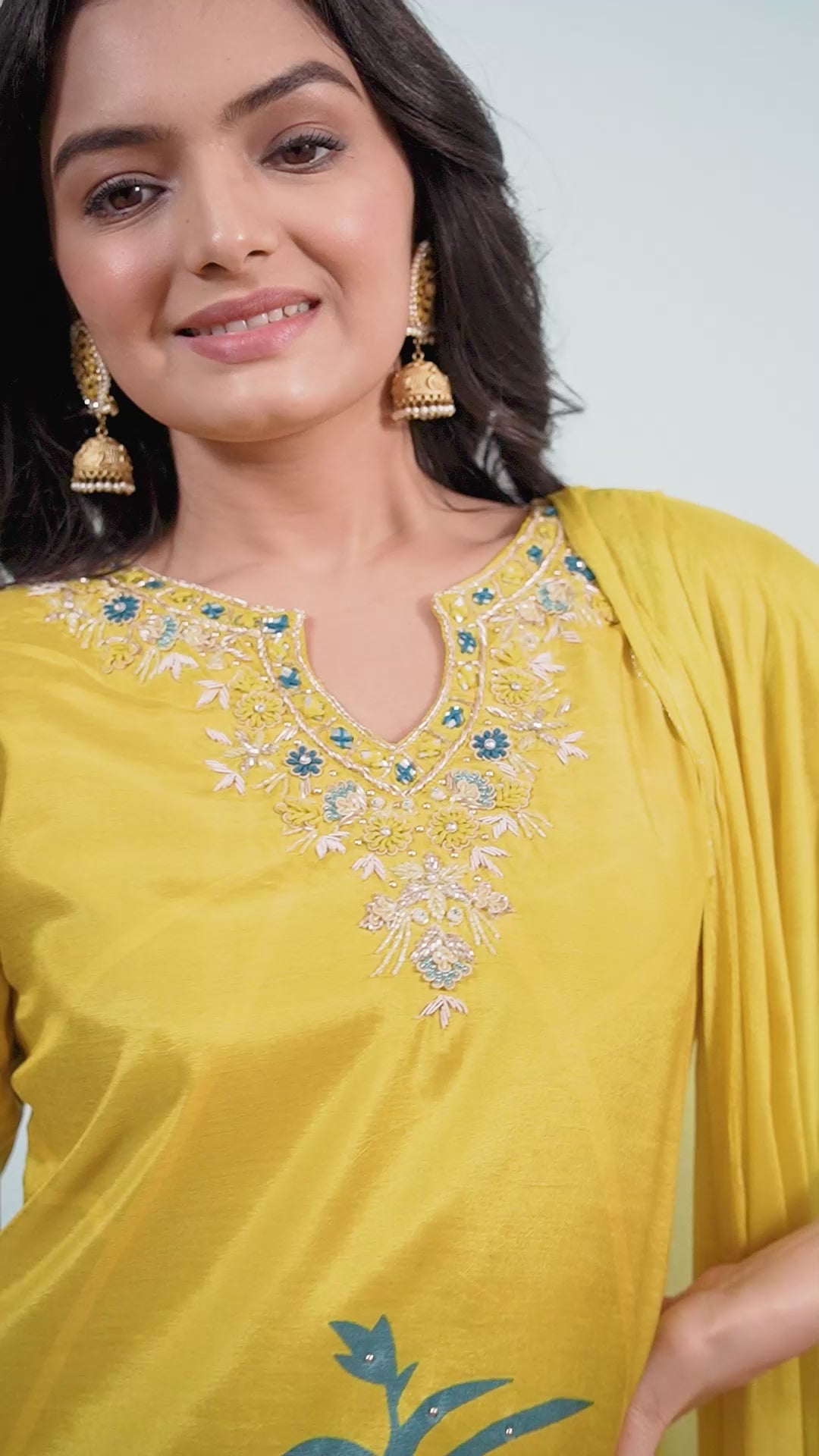 Varamya Lemon Yellow Straight Shimmer Handwork And Printed Suit