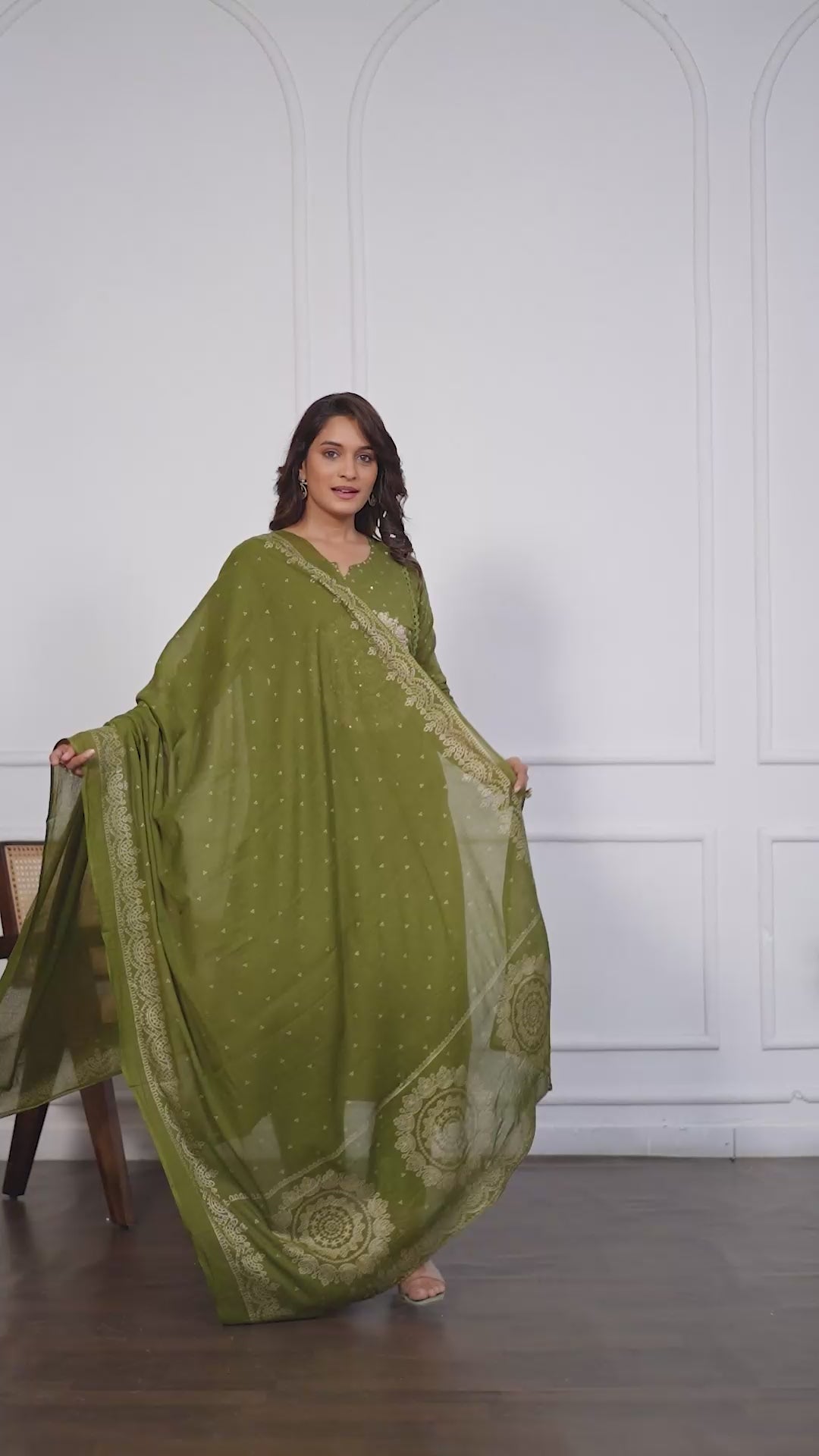 VARAMYA Olive Green Cotton Embroidered Suit Set with Dupatta
