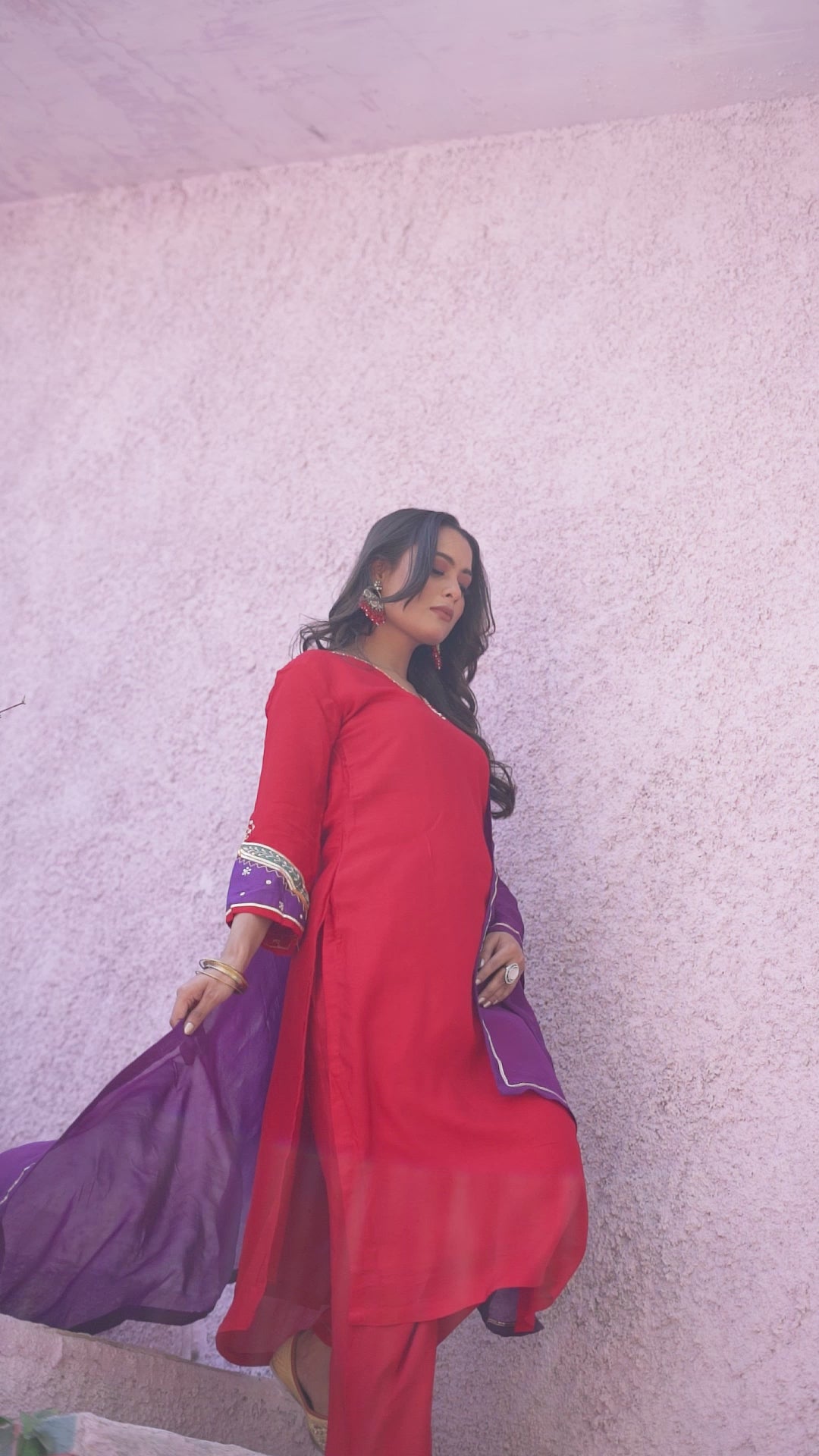 VARAMYA Red Straight Handwork Silk Suit