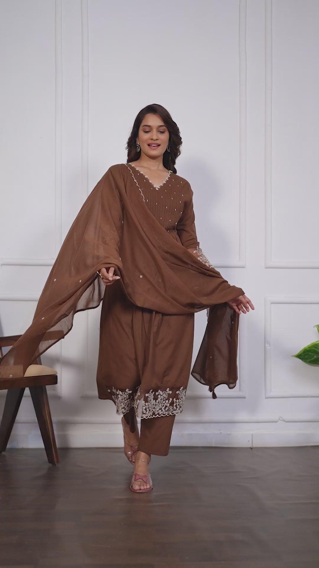 VARAMYA Brown A-line Cotton Suit