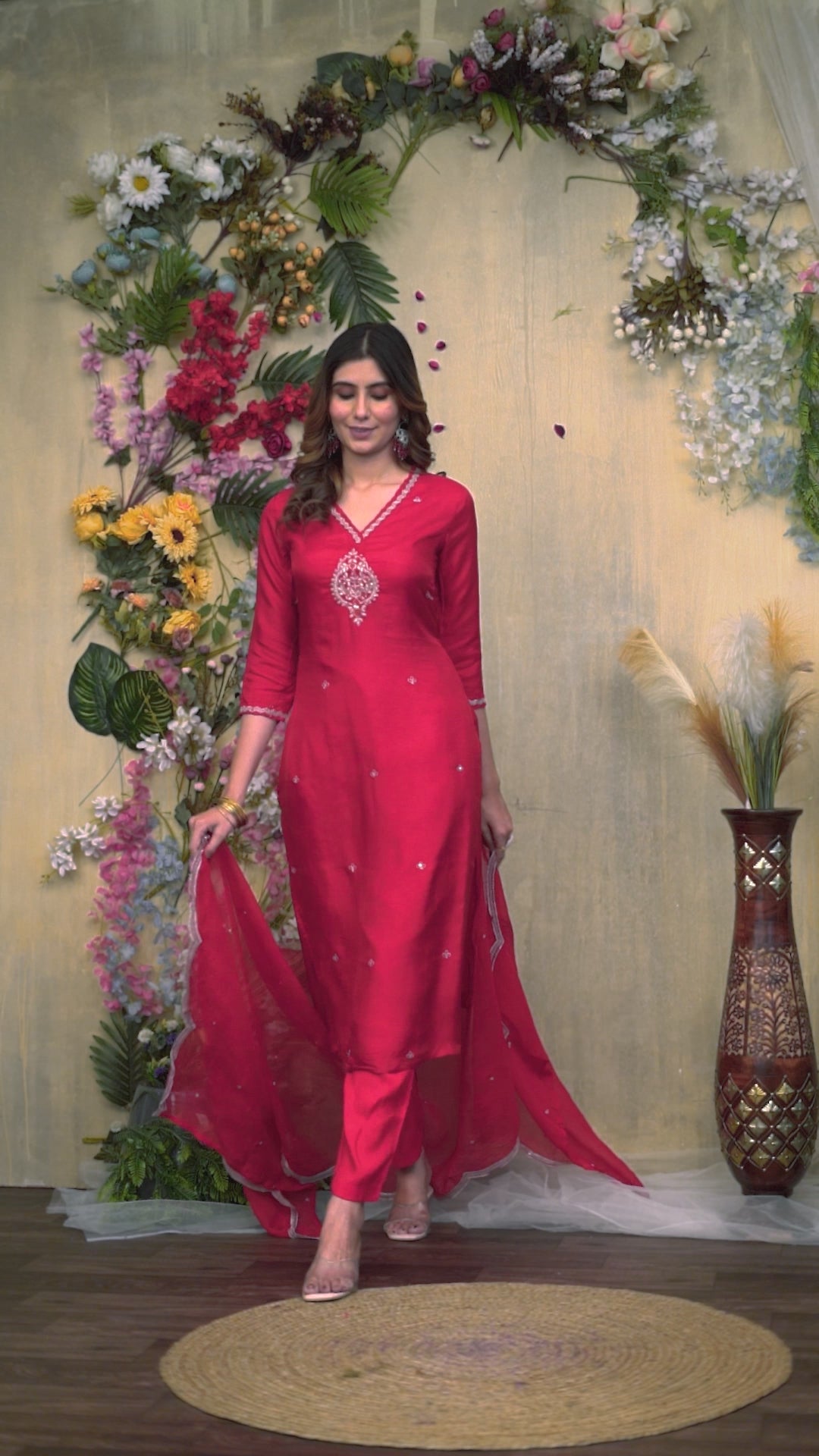 VARAMYA RED SILK WOVEN EMBROIDERED SUIT SET